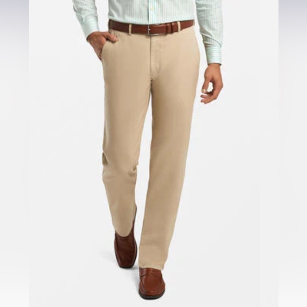 Peter Millar Raleigh Pants Sz 34W Washed Twill Flat Front Tan